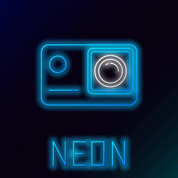 Niebieska świecąca linia neonowa akcja ekstremalna ikona kamery odizolowana na czarnym tle. Sprzęt do kamer wideo do filmowania sportów ekstremalnych. Kolorowa koncepcja konturu. Ilustracja wektorowa — Wektor stockowy