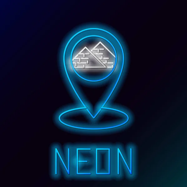 Blau leuchtende neonfarbene Karte Zeiger mit ägyptischen Pyramiden Symbol isoliert auf schwarzem Hintergrund. Buntes Rahmenkonzept. Vektorillustration — Stockvektor