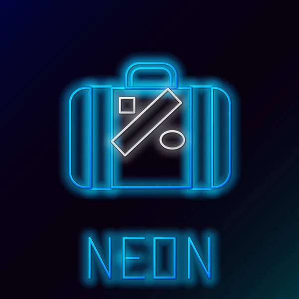 Niebieska świecąca linia Neon Suitcase na ikonę podróży i naklejki na czarnym tle. Znak bagażu podróżowanego. Ikona bagażu podróżnego. Kolorowa koncepcja konturu. Ilustracja wektorowa — Wektor stockowy