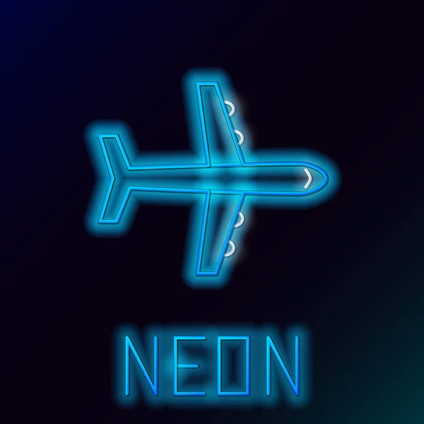 Blauwe gloeiende neon lijn vlak pictogram geïsoleerd op zwarte achtergrond. Vliegtuig icoon. Airliner teken. Kleurrijk overzichts concept. Vector illustratie — Stockvector