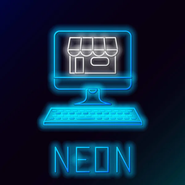 Blå glödande Neon linje shopping byggnad på skärmen datorikon isolerad på svart bakgrund. Koncept e-handel, e-Business, Online Business Marketing. Färgstarka dispositions konceptet. Vektor illustration — Stock vektor