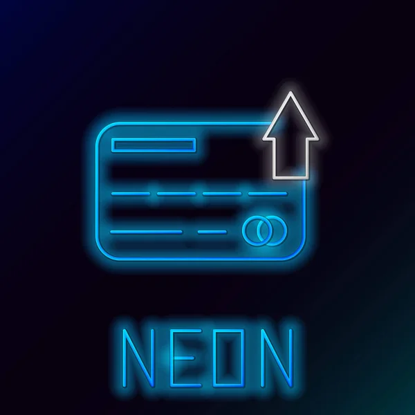 Azul brilhante neon line ícone de cartão de crédito isolado no fundo preto. Pagamento online. Retirada de dinheiro. Operações financeiras. Sinal de compras. Conceito de esboço colorido. Ilustração vetorial — Vetor de Stock