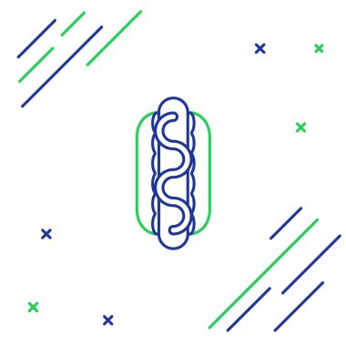 Beyaz arka plan üzerinde izole hardal simgesi ile mavi ve yeşil çizgi Hotdog sandviç. Sosis simgesi. Sokak fast food menüsü. Renkli anahat konsepti. Vektör İllüstrasyonu