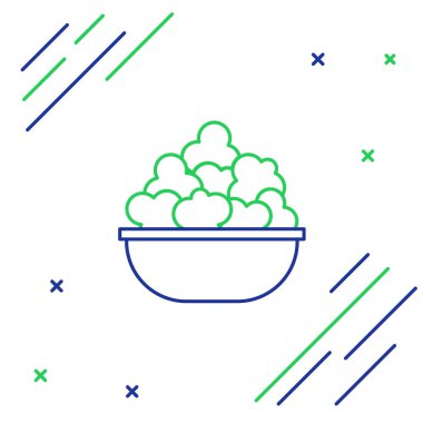 Beyaz arka plan üzerinde izole kase simgesi mavi ve yeşil çizgi Patlamış mısır. Patlamış mısır kova kutusu. Renkli anahat konsepti. Vektör İllüstrasyonu