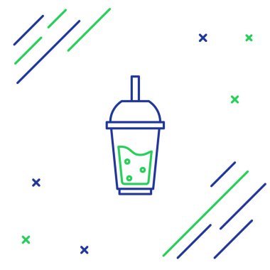 Mavi ve yeşil çizgi Beyaz arka plan üzerinde izole içme saman simgesi ile limonata Cam. Renkli anahat konsepti. Vektör İllüstrasyonu