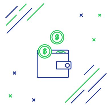 Mavi ve yeşil çizgi Cüzdan sikke simgesi beyaz arka plan üzerinde izole ile. Çanta simgesi. Nakit tasarruf sembolü. Renkli anahat konsepti. Vektör İllüstrasyonu