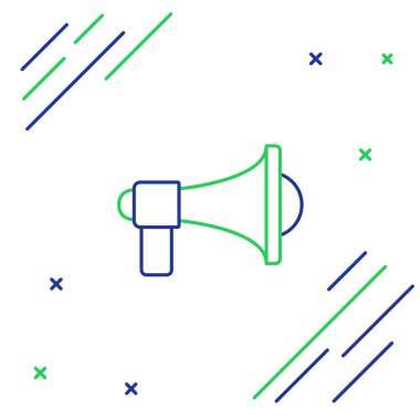 Mavi ve yeşil çizgi Megaphone simgesi beyaz arka plan üzerinde izole. Yüksek sesli konuşma uyarısı kavramı. Sözcü için Bullhorn çığlık promosyon. Renkli anahat konsepti. Vektör İllüstrasyonu