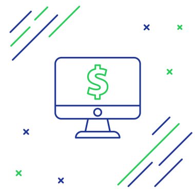 Mavi ve yeşil çizgi Beyaz arka planda dolar sembolü simgesi ile Bilgisayar monitörü. Online alışveriş konsepti. İnternettekazanç, pazarlama. Renkli anahat konsepti. Vektör İllüstrasyonu