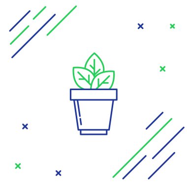 Mavi ve yeşil çizgi Beyaz arka planda yalıtılmış saksı simgesindeki çiçekler. Bir tencerede yetişen bitki. Saksı bitki işareti. Renkli anahat konsepti. Vektör İllüstrasyonu