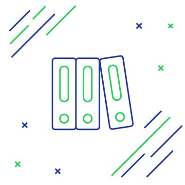 Beyaz arka planda yalıtılmış kağıt ve belge simgesiiçeren mavi ve yeşil çizgi Office klasörleri. Ofis bağlayıcıları. Arşiv klasör işareti. Renkli anahat konsepti. Vektör İllüstrasyonu