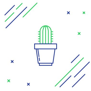 Mavi ve yeşil çizgi Kaktüs ve beyaz arka plan üzerinde izole pot simgesi sulu. Bir tencerede yetişen bitki. Saksı bitki işareti. Renkli anahat konsepti. Vektör İllüstrasyonu