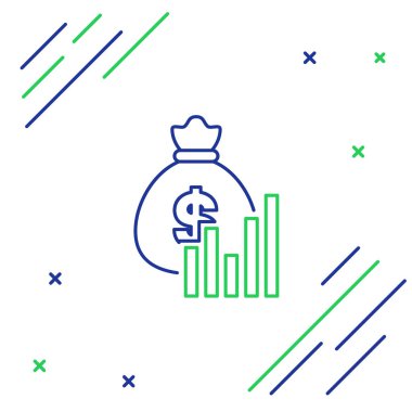 Mavi ve yeşil çizgi Para çantası ve diyagram grafik simgesi beyaz arka plan üzerinde izole. Finansal analiz, bütçe planlaması, finans idarecileri. Renkli anahat konsepti. Vektör İllüstrasyonu