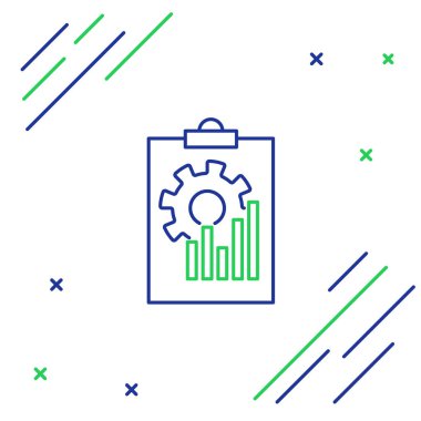 Grafik grafik simgesi beyaz arka planda yalıtılmış mavi ve yeşil çizgi Pano. Metin dosyası simgesini bildirin. Muhasebe işareti. Denetim, analiz, planlama. Renkli anahat konsepti. Vektör İllüstrasyonu