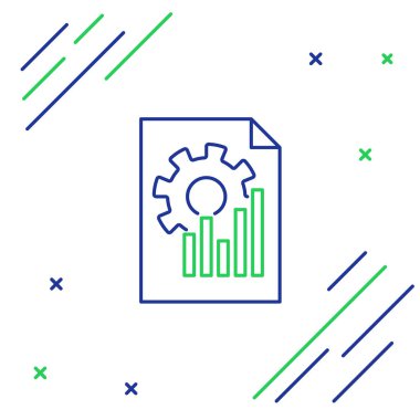 Mavi ve yeşil çizgi Grafik simgesi beyaz arka planda yalıtılmış belge. Metin dosyası simgesini bildirin. Muhasebe işareti. Denetim, analiz, planlama. Renkli anahat konsepti. Vektör İllüstrasyonu