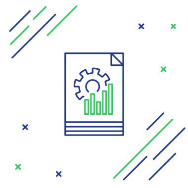 Mavi ve yeşil çizgi Grafik simgesi beyaz arka planda yalıtılmış belge. Metin dosyası simgesini bildirin. Muhasebe işareti. Denetim, analiz, planlama. Renkli anahat konsepti. Vektör İllüstrasyonu