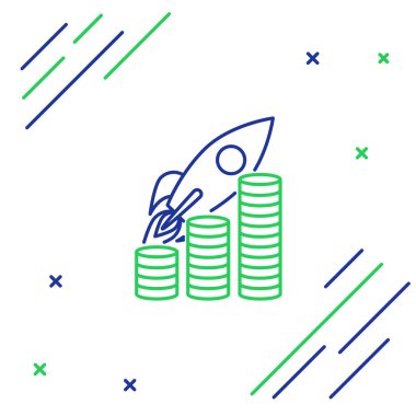 Mavi ve yeşil çizgi Roket sikke ler büyüme grafik simgesi beyaz arka plan üzerinde izole üzerinde uçan. Satışlardaki artışı gösteren grafik. Renkli anahat konsepti. Vektör İllüstrasyonu