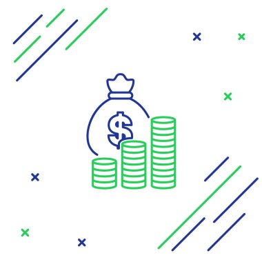 Mavi ve yeşil çizgi Para çantası ve sikke simgesi beyaz arka plan üzerinde izole. Dolar veya Usd sembolü. Nakit Bankacılık para birimi işareti. Renkli anahat konsepti. Vektör İllüstrasyonu