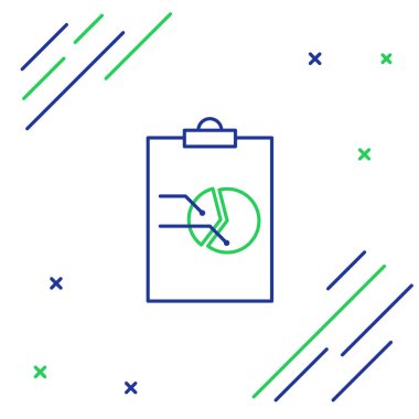 Grafik grafik simgesi beyaz arka planda yalıtılmış mavi ve yeşil çizgi Pano. Metin dosyası simgesini bildirin. Muhasebe işareti. Denetim, analiz, planlama. Renkli anahat konsepti. Vektör İllüstrasyonu