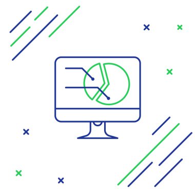 Mavi ve yeşil çizgi Beyaz arka planda grafik simgesi ile Bilgisayar monitörü. Metin dosyası simgesini bildirin. Muhasebe işareti. Denetim, analiz, planlama. Renkli anahat konsepti. Vektör İllüstrasyonu