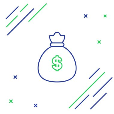 Mavi ve yeşil çizgi Para çantası simgesi beyaz arka plan üzerinde izole. Dolar veya Usd sembolü. Nakit Bankacılık para birimi işareti. Renkli anahat konsepti. Vektör İllüstrasyonu
