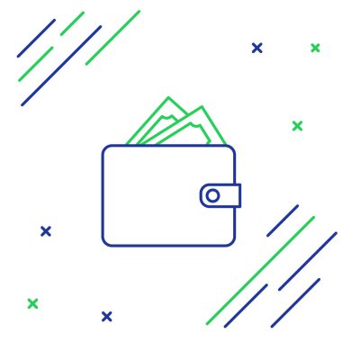 Beyaz arka plan üzerinde izole yığınları kağıt para nakit simgesi ile Mavi ve yeşil çizgi Cüzdan. Çanta simgesi. Nakit tasarruf sembolü. Renkli anahat konsepti. Vektör İllüstrasyonu