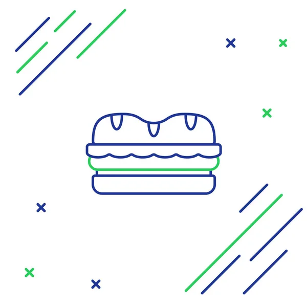 蓝色和绿色线三明治图标隔离在白色背景上。汉堡图标。汉堡食品符号。奶酪汉堡标志。街头快餐菜单。五颜六色的轮廓概念。矢量插图 — 图库矢量图片
