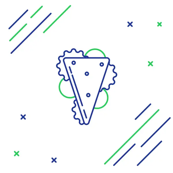 Icono sándwich de línea azul y verde aislado sobre fondo blanco. Icono de hamburguesa. Símbolo de comida hamburguesa. Signo de hamburguesa con queso. Menú de comida rápida. Concepto de esquema colorido. Ilustración vectorial — Vector de stock