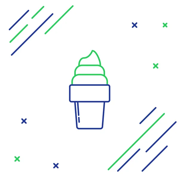 Linha azul e verde Sorvete no ícone de cone de waffle isolado no fundo branco. Símbolo doce. Conceito de esboço colorido. Ilustração vetorial —  Vetores de Stock