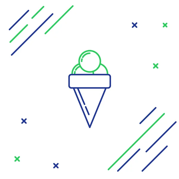 Ligne bleue et verte Crème glacée au cône de gaufre icône isolée sur fond blanc. Doux symbole. Concept de contour coloré. Illustration vectorielle — Image vectorielle