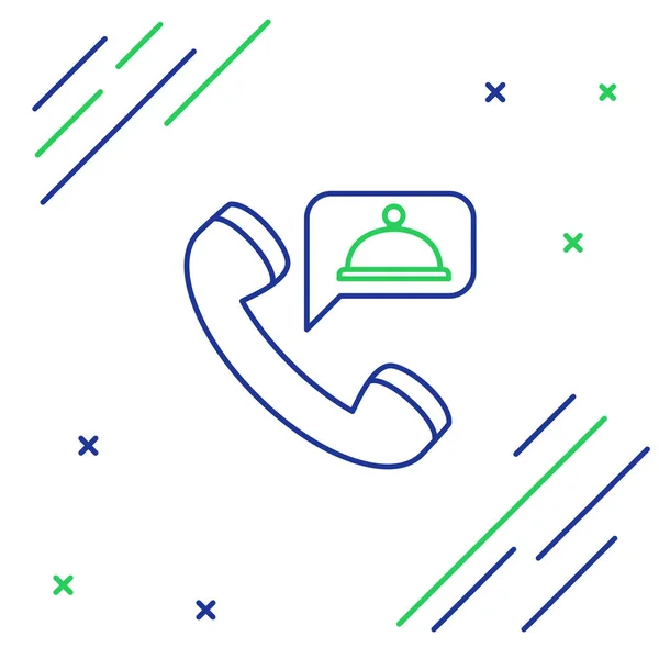 Blaue und grüne Linie Lebensmittelbestellsymbol isoliert auf weißem Hintergrund. Bestellung per Handy. Restaurant Food Delivery Konzept. Buntes Rahmenkonzept. Vektorillustration — Stockvektor