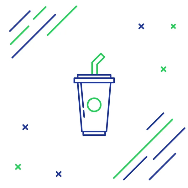 Línea azul y verde Vidrio de papel con paja para beber e icono de agua aislado sobre fondo blanco. Un vaso de refresco. Símbolo de bebida fría fresca. Concepto de esquema colorido. Ilustración vectorial — Vector de stock