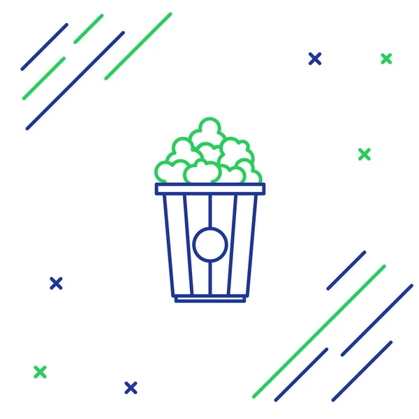 Ligne bleue et verte Popcorn dans une boîte en carton icône isolée sur fond blanc. Boîte à seau de maïs soufflé. Concept de contour coloré. Illustration vectorielle — Image vectorielle