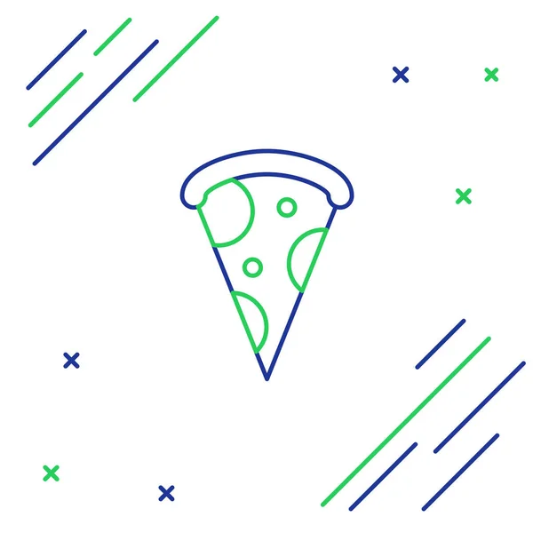 Línea azul y verde Rebanada de icono de pizza aislada sobre fondo blanco. Menú de comida rápida. Concepto de esquema colorido. Ilustración vectorial — Vector de stock