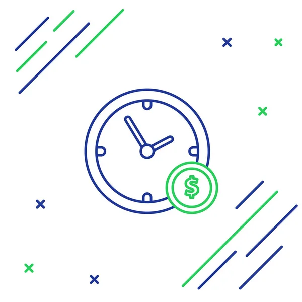 Blauwe en groene lijn tijd is geld icoon geïsoleerd op witte achtergrond. Geld is tijd. Effectief tijdbeheer. Converteer tijd naar geld. Kleurrijk overzichts concept. Vector illustratie — Stockvector