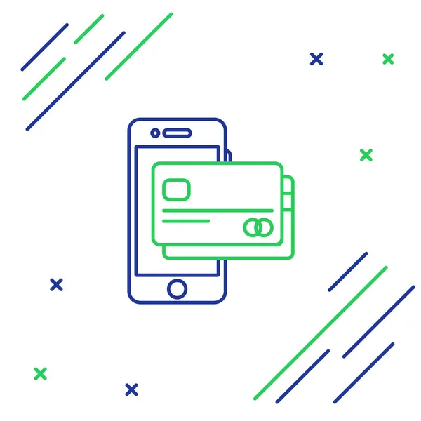 파란색과 녹색 라인 흰색 배경에 격리 된 휴대 전화와 신용 카드 아이콘. 스마트 폰 온라인 결제 개념입니다. NFC 지불. 전송 아이콘입니다. 컬러풀한 아웃라인 컨셉. 벡터 일러스트레이션 — 스톡 벡터