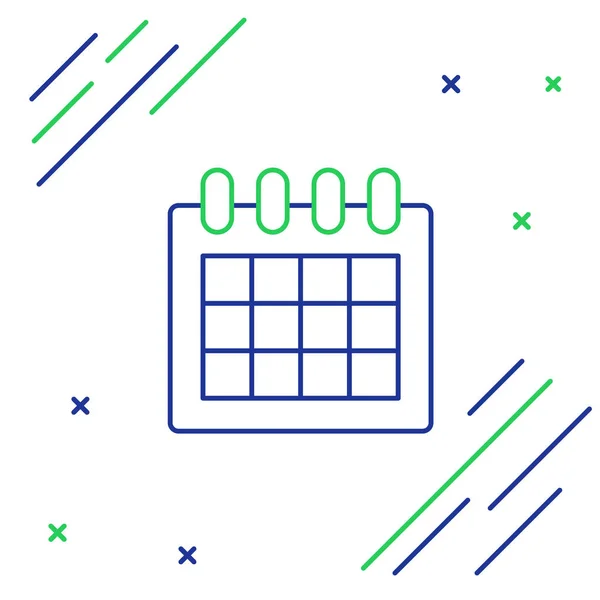 Linha azul e verde ícone do calendário isolado no fundo branco. Símbolo de lembrete de evento. Conceito de esboço colorido. Ilustração vetorial —  Vetores de Stock