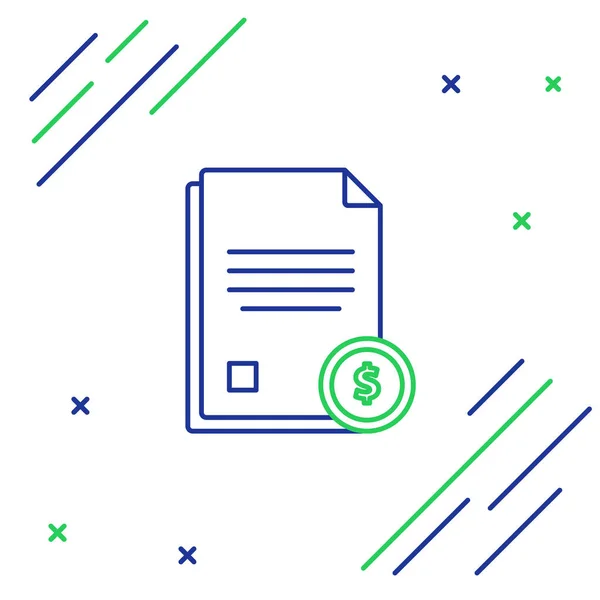 Blauwe en groene lijn Financiën documentpictogram geïsoleerd op witte achtergrond. Papieren bankdocument met dollar Coin voor factuur of Bill concept. Kleurrijk overzichts concept. Vector illustratie — Stockvector