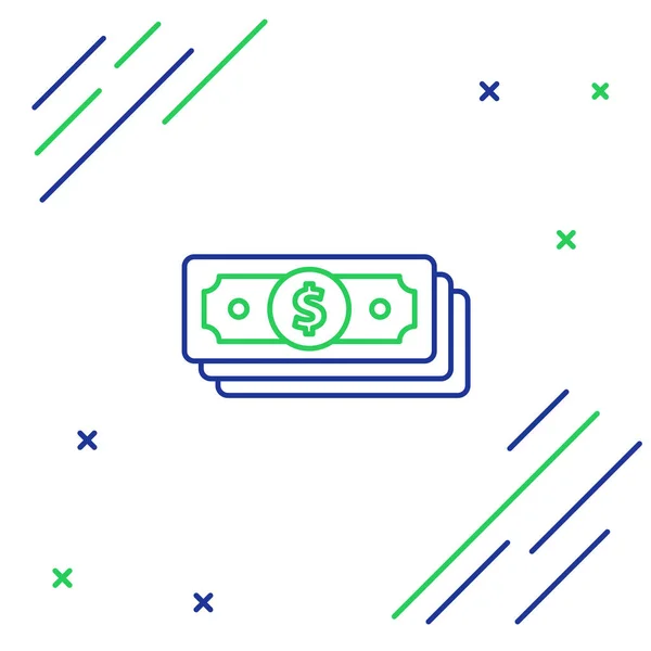 Blauwe en groene lijn stapels papiergeld cash pictogram geïsoleerd op witte achtergrond. Geld bankbiljetten stapels. Factuurvaluta. Kleurrijk overzichts concept. Vector illustratie — Stockvector