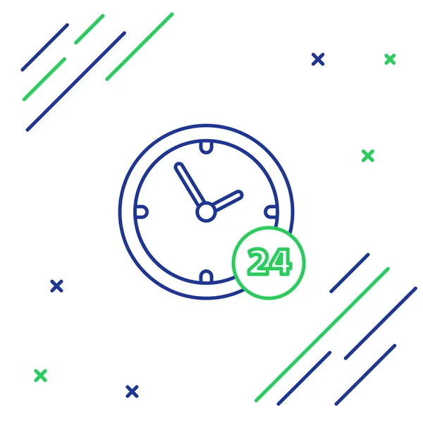 Linha azul e verde Relógio 24 horas ícone no fundo branco. Ícone cíclico o dia todo. 24 horas de símbolo de serviço. Conceito de esboço colorido. Ilustração vetorial —  Vetores de Stock