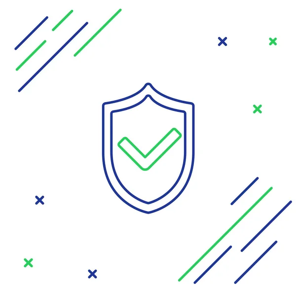 Blue and green line Shield with check mark icon on white background. Protection symbol. Security check Icon. Tick mark approved icon. Colorful outline concept. Vector Illustration — Stock Vector