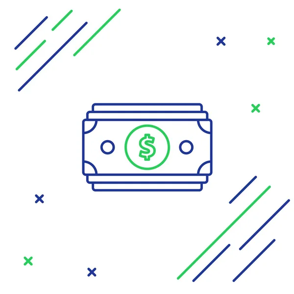 Blauwe en groene lijn stacks papiergeld cash pictogram op witte achtergrond. Geld bankbiljetten stapels. Factuurvaluta. Kleurrijk overzichts concept. Vector illustratie — Stockvector