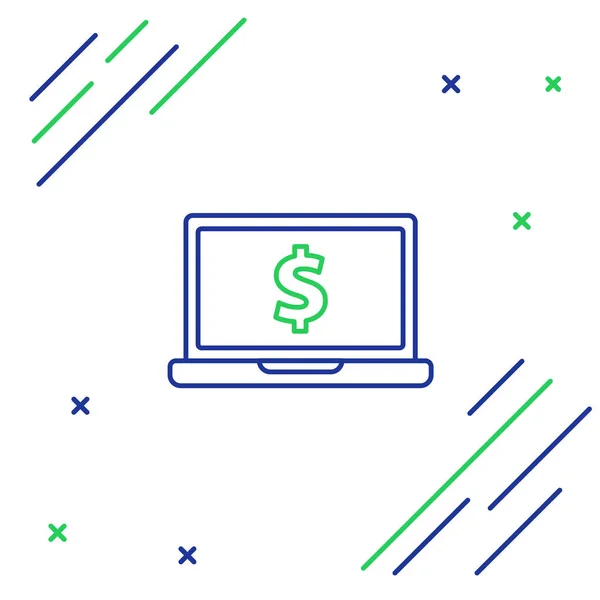 Blauwe en groene lijn laptop met dollar symbool pictogram op witte achtergrond. Online Shopping concept. Inkomsten op internet, marketing. Kleurrijk overzichts concept. Vector illustratie — Stockvector
