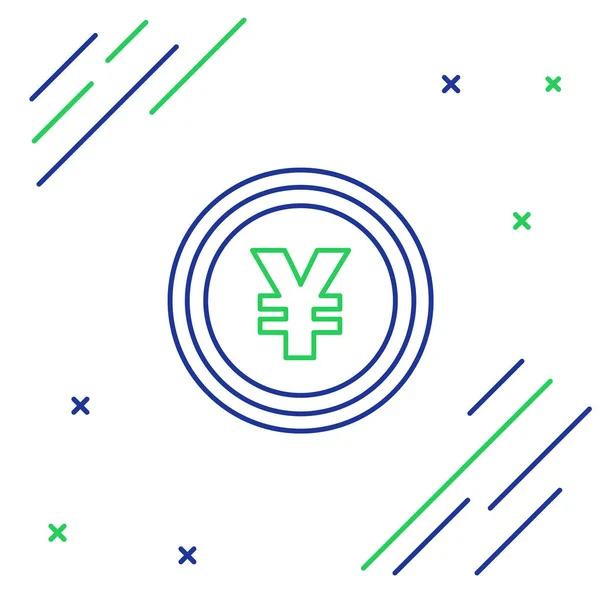 Línea azul y verde Moneda de dinero con el símbolo de Yen icono sobre fondo blanco. Signo de moneda bancaria. Símbolo efectivo. Concepto de esquema colorido. Ilustración vectorial — Vector de stock