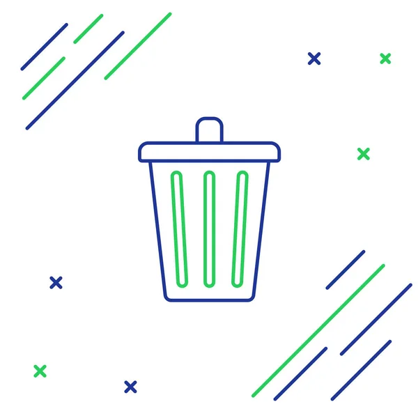 Linha azul e verde Ícone da lata de lixo isolado no fundo branco. Sinal de lixeira. Ícone da cesta de reciclagem. Ícone de lixo do escritório. Conceito de esboço colorido. Ilustração vetorial —  Vetores de Stock