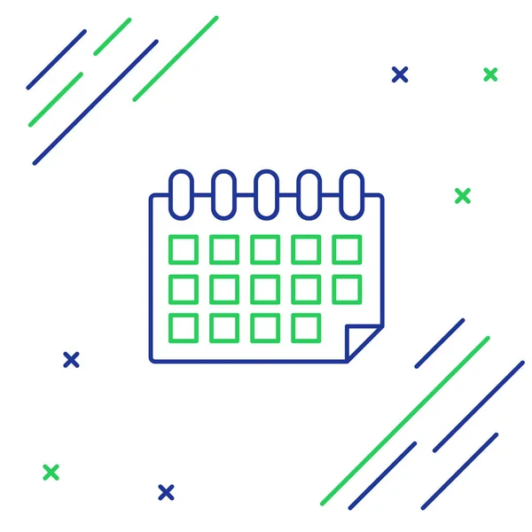 Kék és zöld vonal naptár ikon elszigetelt-ra fehér háttér. Esemény emlékeztetőjének szimbóluma. Színes vázlatfogalom. Vektoros illusztráció — Stock Vector