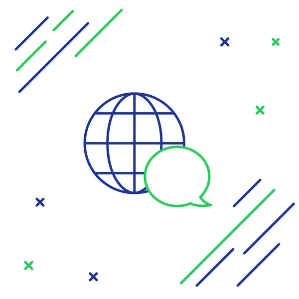 Ligne bleue et verte Carte du monde faite à partir de bulle de parole icône isolée sur fond blanc. Plan mondial de communication sur Terre. Concept de contour coloré. Illustration vectorielle — Image vectorielle