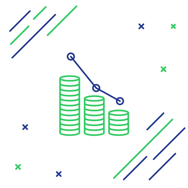 Línea azul y verde Infografía gráfica de gráfico de pastel e icono de moneda aislado sobre fondo blanco. Signo de diagrama gráfico. Concepto de esquema colorido. Ilustración vectorial — Vector de stock