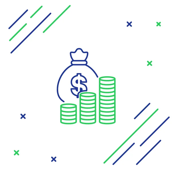 Blauwe en groene lijn Geldzak en munt pictogram geïsoleerd op witte achtergrond. Dollar-of USD-symbool. Cash Banking valutateken. Kleurrijk overzichts concept. Vector illustratie — Stockvector