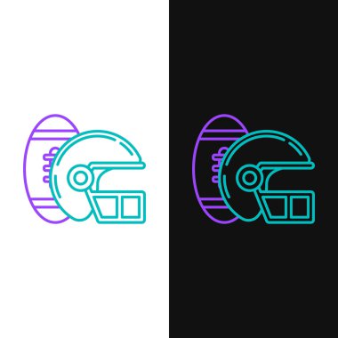 Yeşil ve mor çizgi Amerikan Futbolu topu ve kask simgesi beyaz ve siyah arka plan üzerinde izole. Spor malzemeleri seti. Vektör İllüstrasyonu