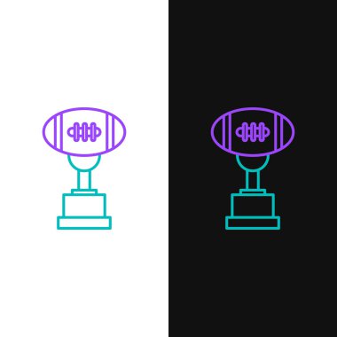 Yeşil ve mor çizgi Ödül kupası ve Amerikan futbol topu simgesi beyaz ve siyah arka plan izole. Kazanan kupa sembolü. Şampiyonluk ya da yarışma kupası. Vektör İllüstrasyonu